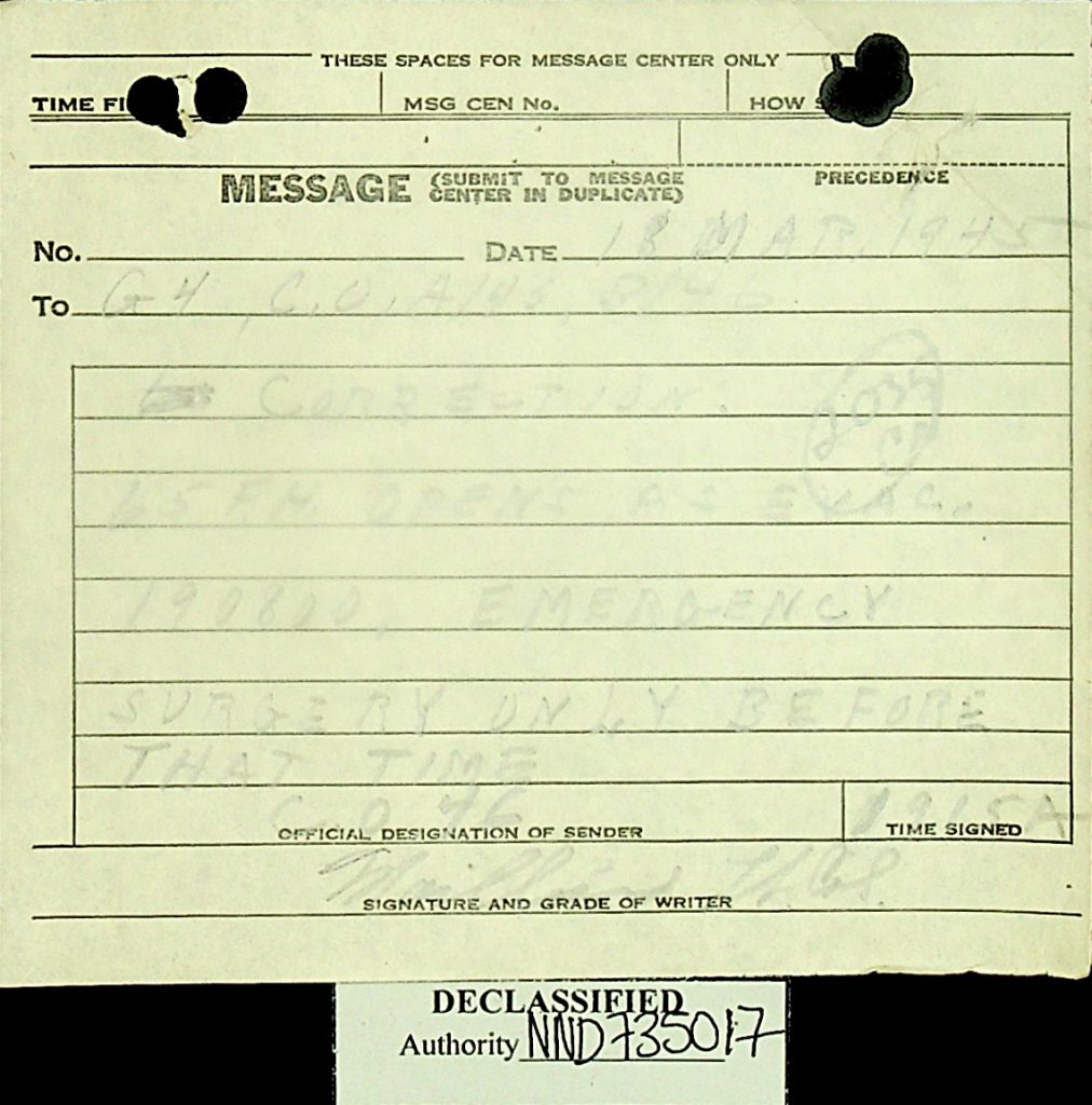 Message March 1945 65thField Hospital