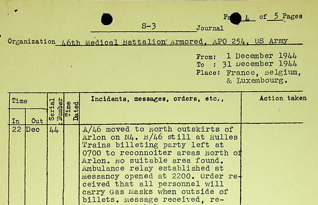 46thAMB S-3 Journal December 1944 Gas Masks