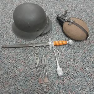 George Ehnes Souvenirs: German helmet, canteen and dagger