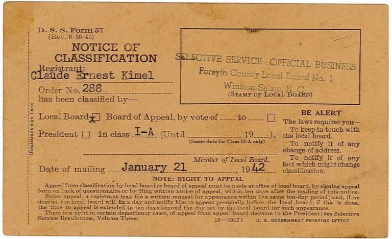 Kimel Selective Service Card.2